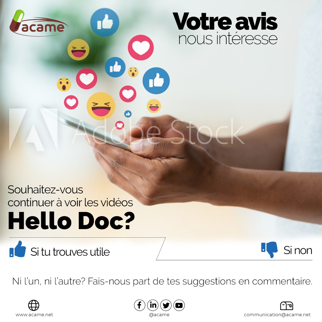 ACAMEAFRIQUE's tweet image. Souhaitez-vous continuer à voir les vidéos Hello doc? 
Likez ou commentez. Votre avis nous intéresse!
#ACAME
#Hellodoc
#StopCOVID-19
#StaySafe