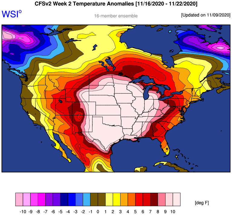 MJVentrice's tweet photo. The CFSv2 model is predicting that extreme warmth could linger across the eastern two thirds of the nation through the end of November. Good news if you are aren't a fan of cold weather. https://t.co/s4HpiZ0njs