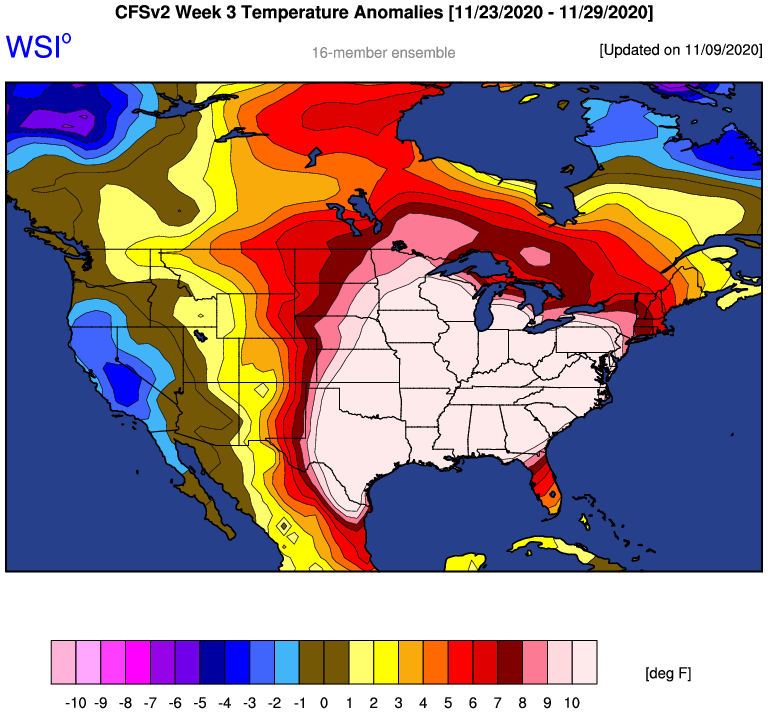 MJVentrice's tweet photo. The CFSv2 model is predicting that extreme warmth could linger across the eastern two thirds of the nation through the end of November. Good news if you are aren't a fan of cold weather. https://t.co/s4HpiZ0njs