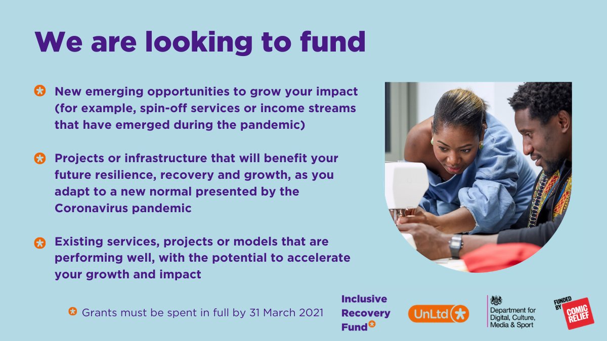 UnLtd's tweet image. There are 5 days left to apply for the Inclusive Recovery Fund 

We’re looking for ventures with ideas to accelerate their growth, build resilience and create a deep and lasting impact 

Start your application here - unltd.org.uk/irf