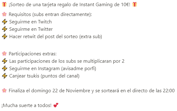 onarina_'s tweet photo. ⚡️¡Abro sorteo de una tarjeta regalo de Instant Gaming de 10€, para que compres lo que el cuerpo te pida!⚡️

Si tienes alguna duda estoy en directo todos los días a las 22:00 UCT+1 en https://t.co/M38QmsTsl5

Mucha suerte a todos 💕

#twitch  #twitchstreamer #sorteo #giveaway https://t.co/xynDLwcWTG