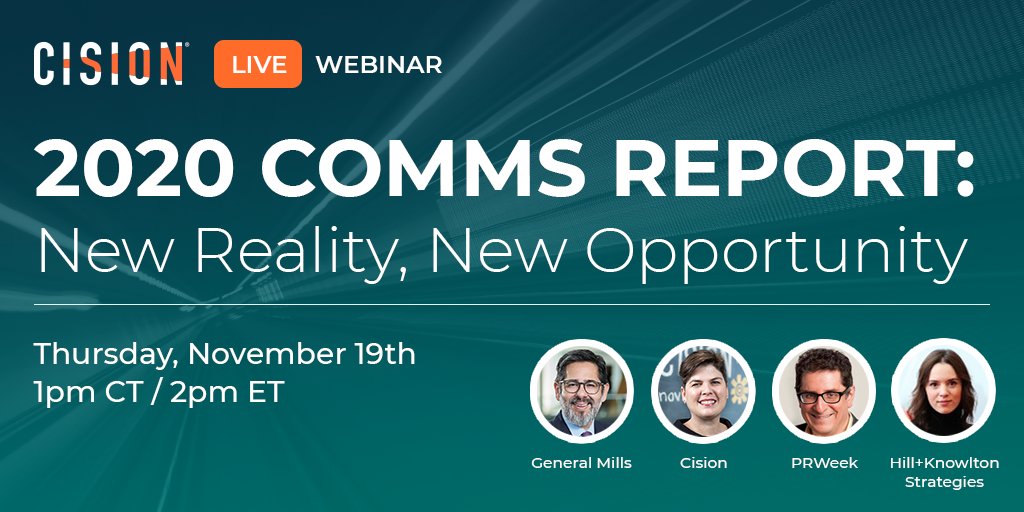 Cision's tweet photo. Mark your calendars &amp; join us on Thursday, 11/19 for a discussion with @PRWeekUS on the 2020 Comms Report: New Reality, New Opportunity. Details + registration: https://t.co/MM6e3SmuEk #ModernComms https://t.co/FBKL93AFyB
