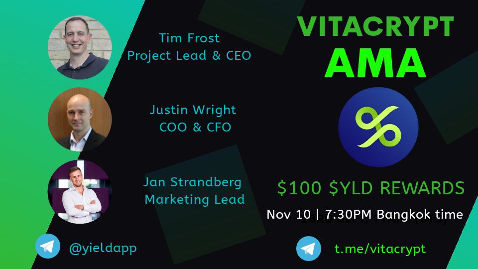 VitaCrypt's tweet photo. VitaCrypt Community is Hosting an AMA with YIELD

Date: 10th November, 2020 
Time: 7:30PM Bangkok Time
Venue: https://t.co/7ME8VUlHTQ 

🏆$100 $YLD Rewards 10winners($10 each) 

Post Your Question below
Follow: @VitaCrypt and @YieldApp like and RT this post tag a friends https://t.co/QnZuOvg36W