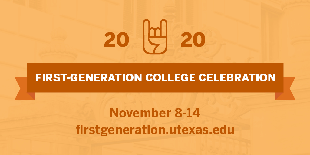 UTorientation's tweet image. We are so excited to #celebratefirstgen this week! If you plan to attend a virtual or on-campus event, be sure to RSVP to be entered into a drawing for a chance to win a protective #firstgenlonghorns face covering and other prizes: bit.ly/utfirstgenrsvp