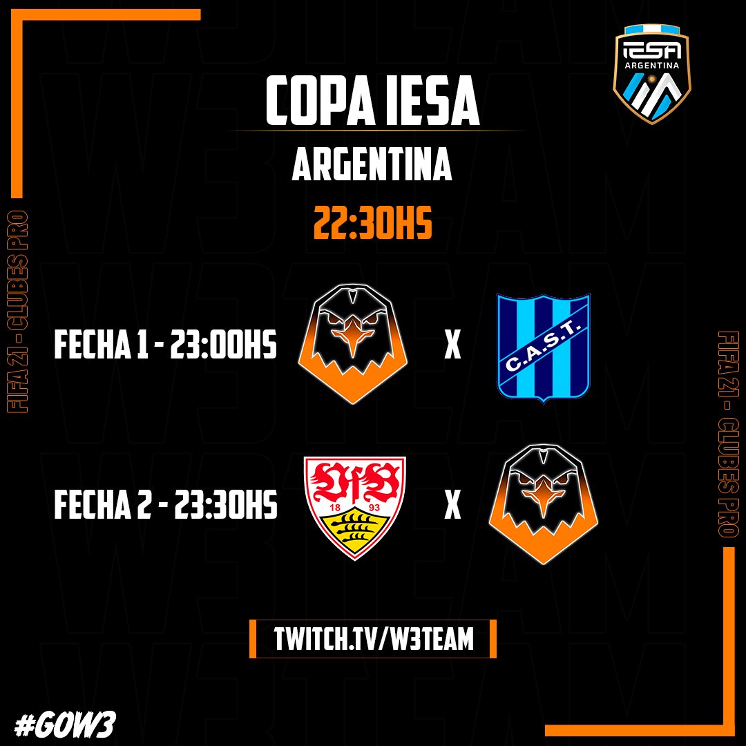 w3_team's tweet photo. ⚽️ #ClubesPro

Esta noche los chicos de clubes pro debutarán en la #CopaIESAArgentina ante @CASTeSports y @BypassEsports.

Desde las 23:00hs lo podrán seguir por https://t.co/Mzn5IuoHIG 🔥

#GOW3 🦅 https://t.co/vQ4guxCol2