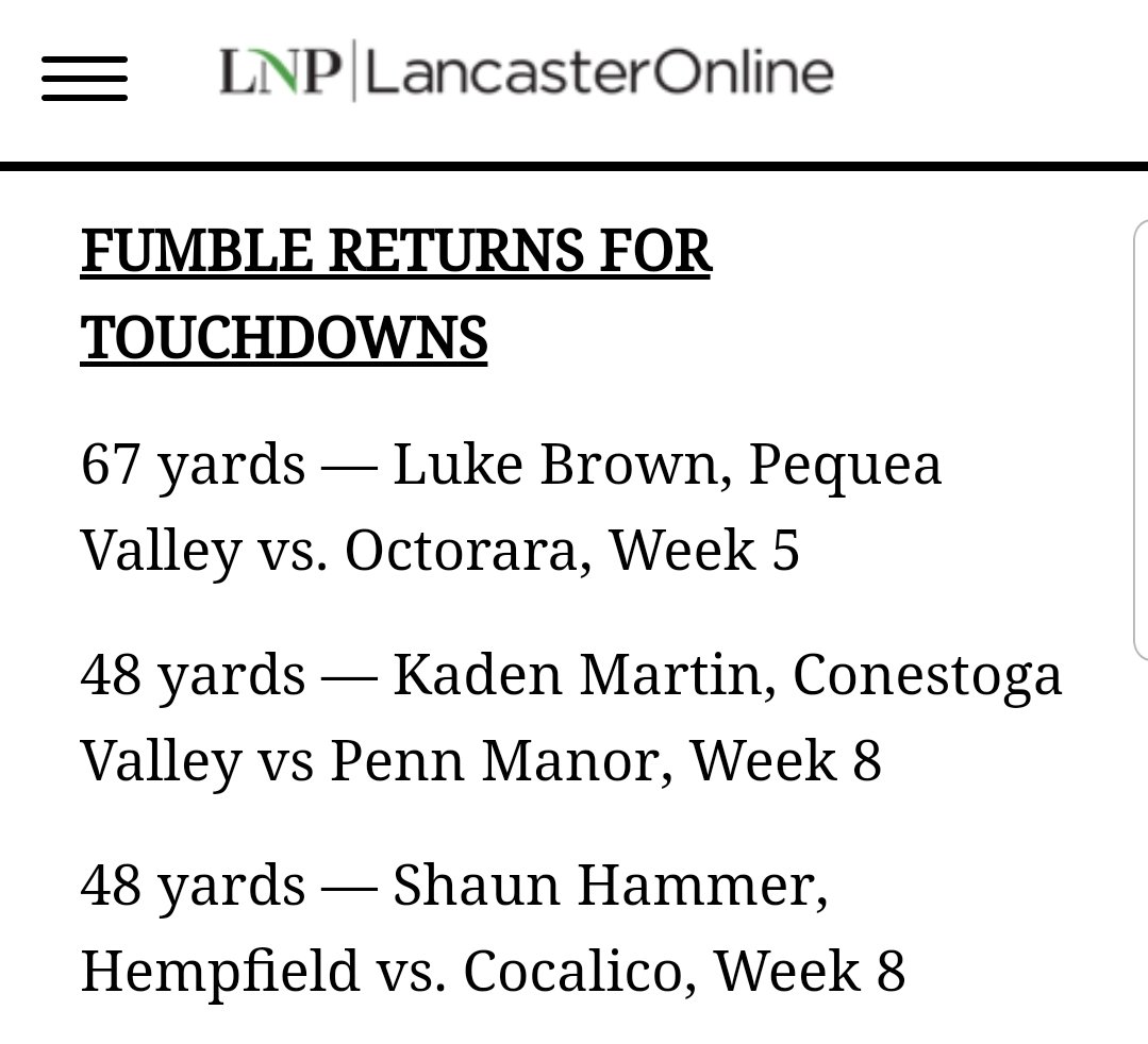 JimHessJBPhoto's tweet photo. Congrats to Shaun Hammer for being tied for 2nd place in the longest fumble returns for a TD Friday against Cocalico!
#HempfieldProud 
@ShaunHammer19
@HempfieldFB 
@HempStudSec20 https://t.co/dRDB9I1mgG