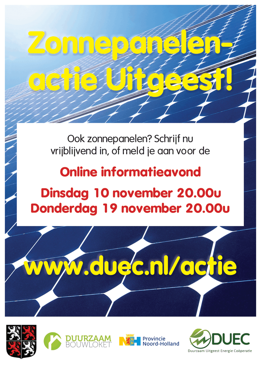 DUEC14's tweet photo. Wil je zelf energie opwekken, met meer opbrengst dan rente op de bank? Investeer dan in zonnepanelen! Grijp je kans en schrijf je nu in via https://t.co/MImYsHnhiR.
Deze voordelige actie wordt ondersteund door de gemeente Uitgeest. https://t.co/Rsw7GJDGyn