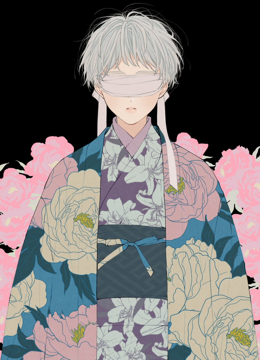 solo japanese clothes floral print kimono short hair blindfold black background  illustration images
