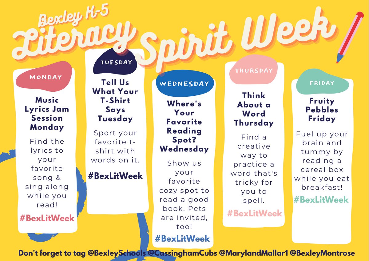 readingresource's tweet photo. Hey Bexley! Next week, Nov. 16-20, show your spirit by joining in on the (literacy) fun! Post your pics & videos on social media...and don't forget to use the hashtag #BexLitWeek and tag @BexleySchools @CassinghamCubs @MarylandMallar1 @BexleyMontrose https://t.co/8xavHK28Ij