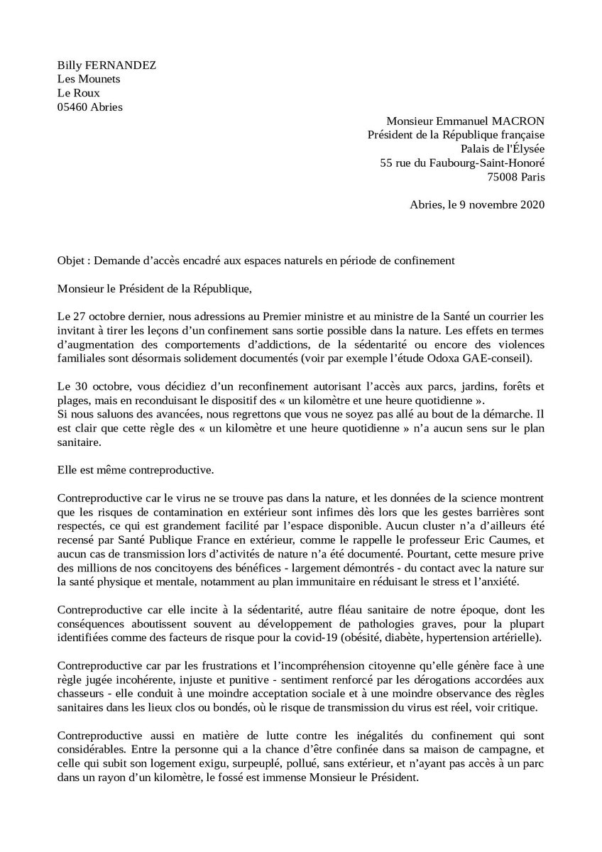 billy_fdz's tweet photo. Monsieur @EmmanuelMacron , vous devez modifier la règle des "1km/1h quotidienne" qui n'a aucun sens au plan sanitaire et est contreproductive. Aucun autre pays européen ne l'applique. Laissez nous accéder à la #nature , les risques sont infimes mais les bénéfices considérables.👇 https://t.co/jkYCrCnxlc