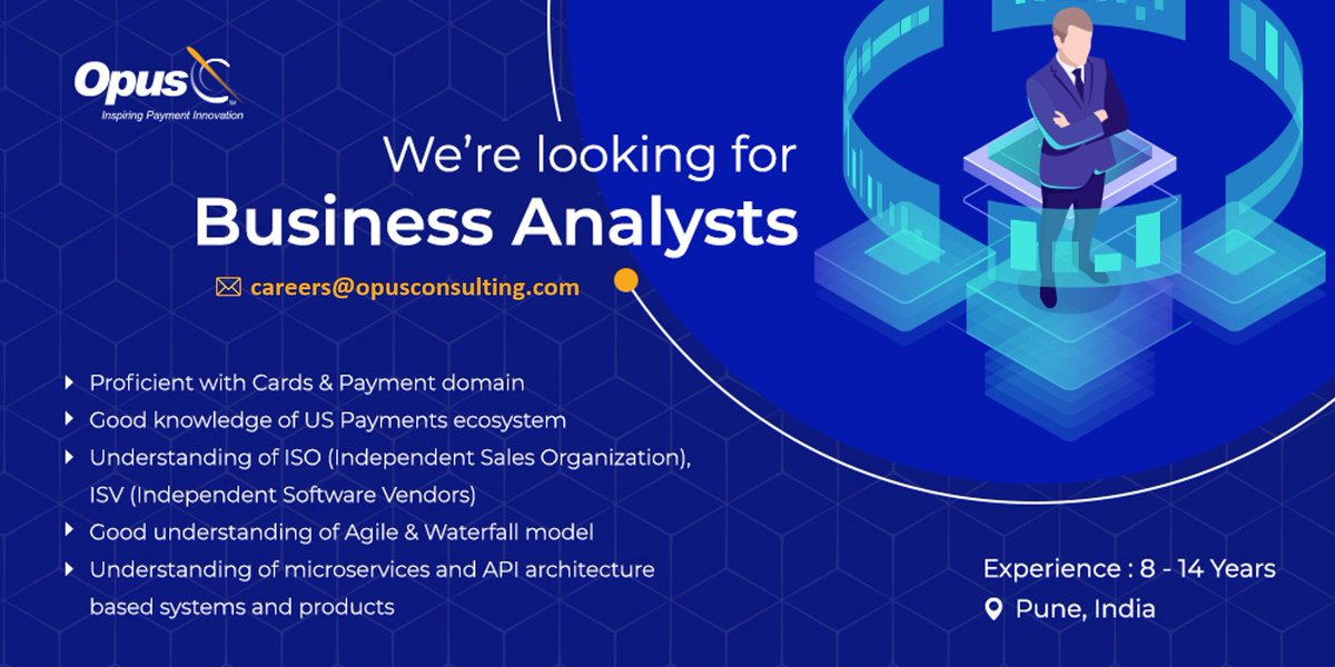 OpusTechGlobal's tweet photo. ๐ฅณ We're looking for a rockstar Business Analyst to join our team of Domain experts in Pune. If you know someone who is enthused about innovation in Fintech and Payments, loves making an impact on a global team, please give us a shoutout!
#jobsatopus #paymentinnovation https://t.co/HDAE6rsR8b