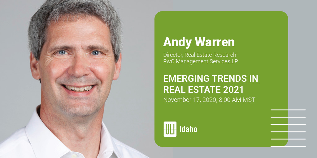 Our Emerging Trends keynote Andy Warren has led <a href="/PwC/">PwC</a>'s participation in producing the Emerging Trends in Real Estate publication for 8 years. Join us on Nov. 17. 
TY to Platinum Event Sponsor <a href="/Andersen_Const/">AndersenConstruction</a> 
#emergingtrends #cre #uliidaho
on.uli.org/2tFW50CecFF