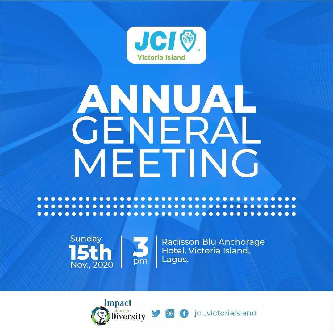 JCI_VI's tweet photo. We are excited to invite you to our Annual General Meeting scheduled as follows:

Date: November 15, 2020.
Venue: Radisson Blu Anchorage Hotel, Victoria Island.
Time: 3pm 

We are looking to having you.

#jcivictoriaisland
#jcinigeria
#activecitizens
#agm https://t.co/raAa2a4RcC