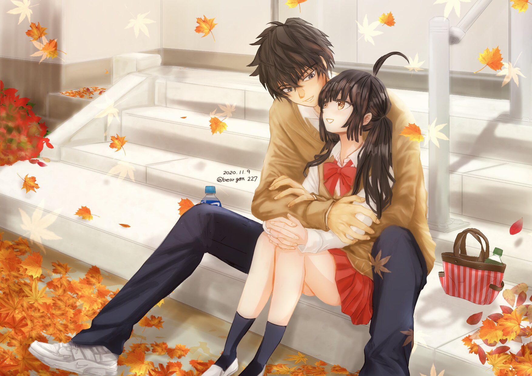 ベアしゅう ベアごん進化形態 イラスト Illustration 創作男女 イラスト完成しました うちの 高校生カップル ユズコとカズくんです お昼休みイチャイチャ絵 校舎裏は紅葉いっぱいだね T Co Pladgctubh Twitter