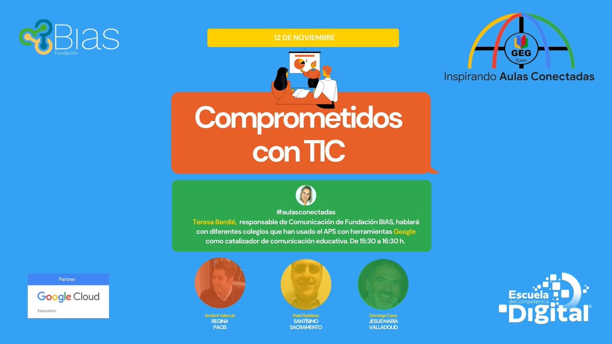 fundacionbias's tweet photo. El día 12 podrás escuchar a @Tberdie, responsable de comunicación de nuestra Fundación, en su charla "Comprometidos con TIC", en la que hablará con estos colegios que han usado el APS con herramientas de @GoogleForEdu @ColeSantisimoS @ReginaPacis_RP #ColegioJesusMariaValladolid https://t.co/XvEMUXvLA6