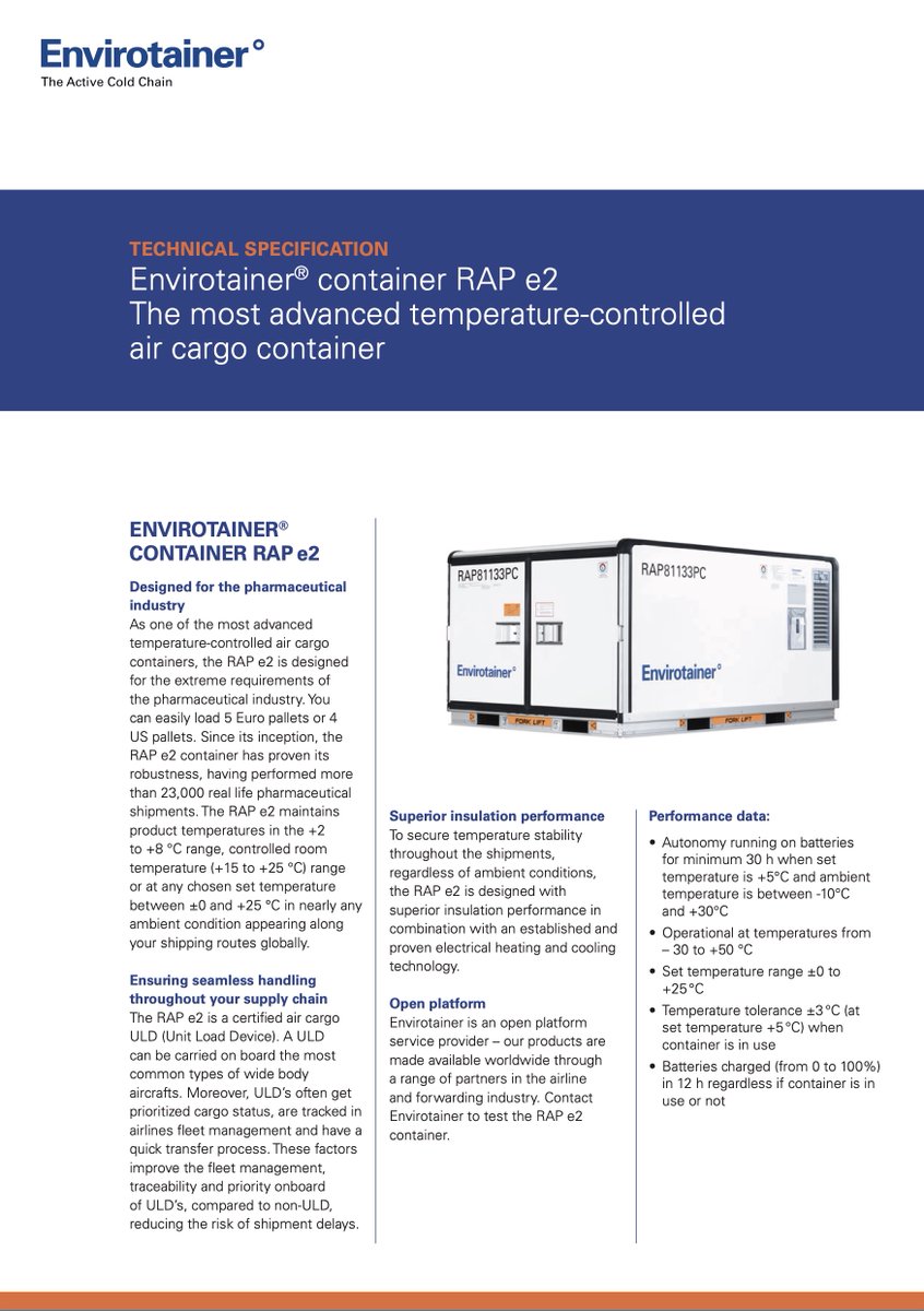 Just last month,  @envirotainer — who make refrigerated cargo containers — boosted their RAP e2 network capabilities in the US. It's not especially clear how or if these can combine with the in-house -80°C vaccine packaging Pfizer (and others) are planning.