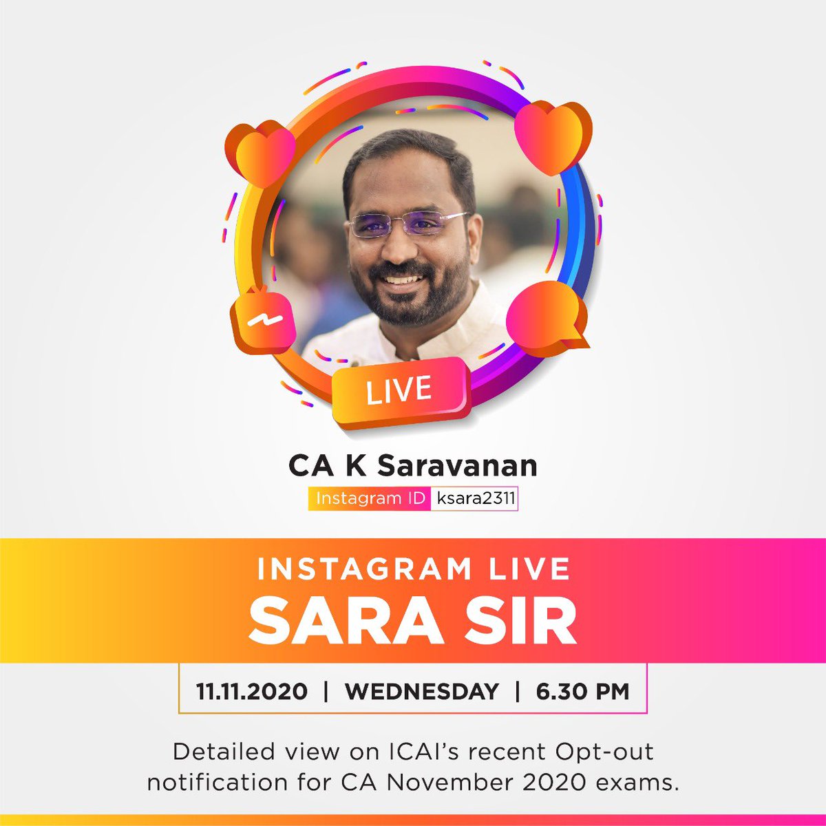 ksacademyca's tweet photo. Sara Sir's Live on Detailed view on ICAI's recent Opt-out notification for CA November 2020 exams.
#ksa #ksacademy #cacoaching #ksians #icaiupdate #icaiexam #sarasirlive https://t.co/NFGfHlo9jP