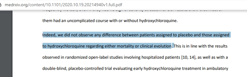 C'est courant de combiner des endpoints, sauf s'il ya différence interne! Ici 6 patients décédés HCQ, contre 11 groupe contrôle, 46% de différence! Et les auteurs osent dire "nous n'avons observé aucune différence entre les patients sur la mortalité ou l'évolution clinique"...