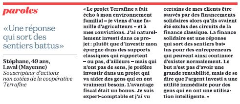 GaudicheJJ's tweet photo. Stéphane, investisseur
Supplément La Croix mai 2020
"plutôt que d'investir mon épargne dans des supports classiques qui rapportent - ou pas, d'ailleurs - mais qui n'ont pas de sens, je préfère investir dans un projet qui va aider des gens qui en ont vraiment besoin." https://t.co/Hpid3POElg