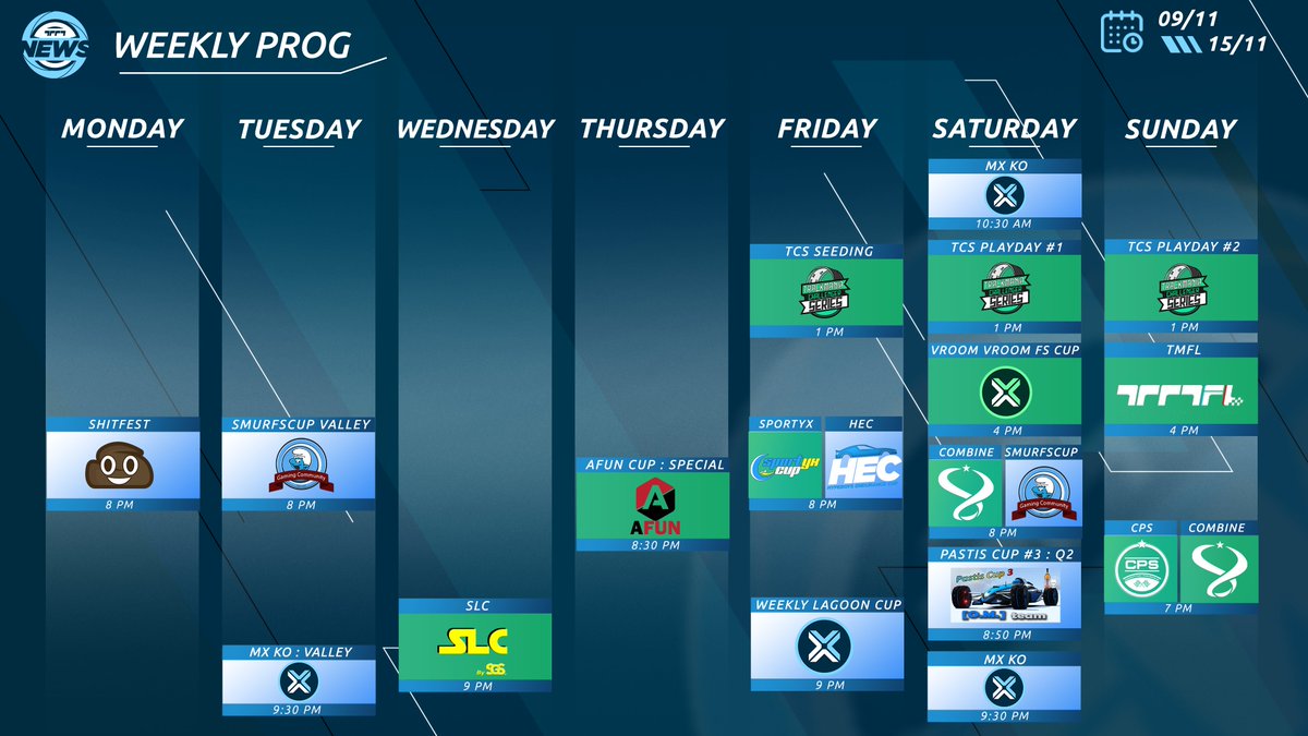 Trackmania_News's tweet photo. We will soon run out of time during the week with all these events 🤯⌛

Reminder : 
Green background = Trackmania 2020
Blue-White background = Trackmania² https://t.co/7CStaflaRV