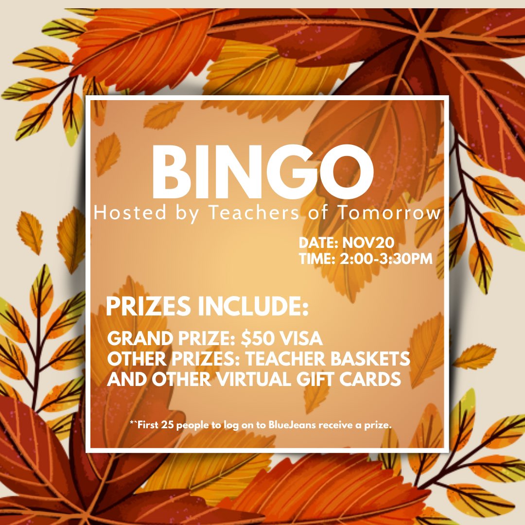 HAPPY MONDAY SOE! TOT is hosting our first event of the year for all current education majors! VIRTUAL BINGO-November 20th at 2pm! We have a bunch of great prizes lined up and would love to see you there! Please RSVP: docs.google.com/forms/d/e/1FAI…