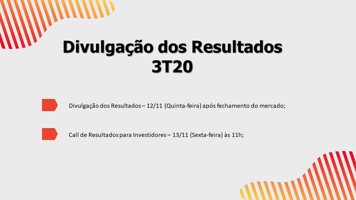 Bom dia à todos! Não se esqueçam que nesta quinta-feira - 12/11 teremos a divulgação de nossos resultados ref. 3T20. Mais informações em: cyrela.globalri.com.br/pt