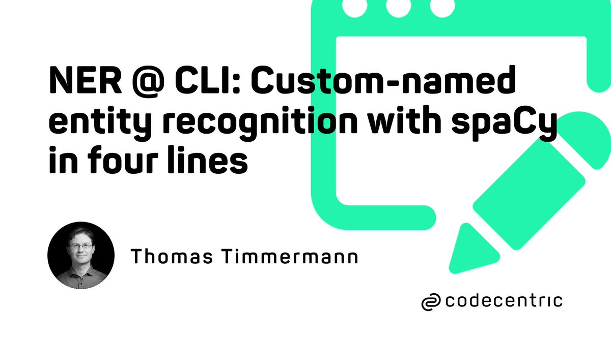 codecentric's tweet photo. Named entity recognition is a technical term for a solution to a key automation problem: extraction of information from text. This post introduces the dataset and task and covers the command line approach using spaCy. https://t.co/U0w6DAsqD4 #spacy #nlp https://t.co/vvZqD6jxZ5