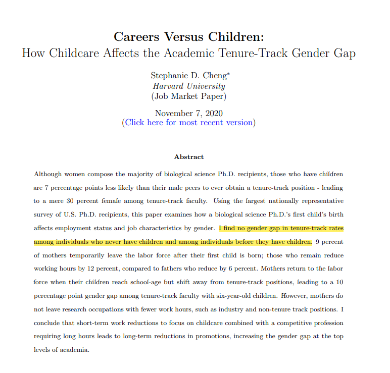 Scientific_Bird's tweet photo. New research finds that academia tenure-track gender gaps largely explained by motherhood.

Source:
https://t.co/bzpeF2mpDa https://t.co/y1LmAf4x6h