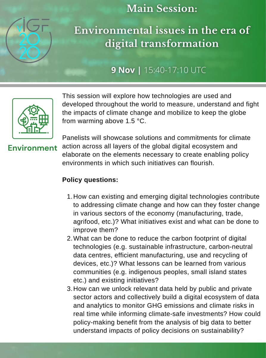 igf_environment's tweet photo. At 15:40 UTC, #IGF2020's main session on #environment: 

"Environmental issues in the era of digital transformation"

https://t.co/Wjc7spMPeB

Streaming on Youtube: https://t.co/vdS6CjrdVy

And on @UNWebTV: https://t.co/ZvZzDCn4aP

#climatechange
#carbonfootprint
#sustainability https://t.co/2KQGcv7jqZ