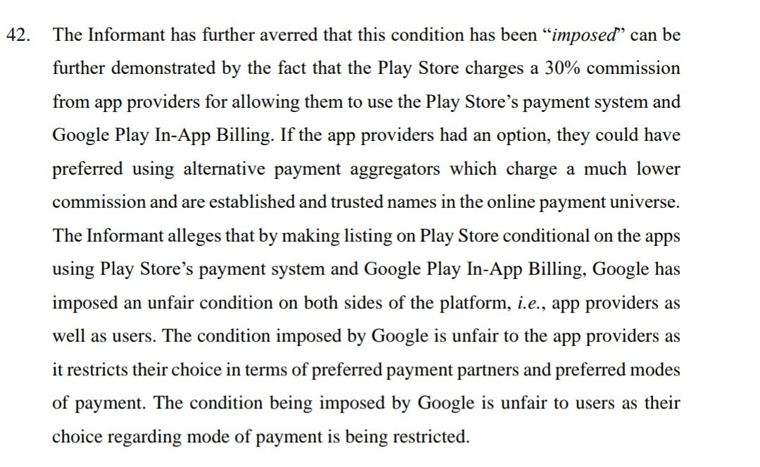 taking a 30% commission from all apps. This was the issue that got Indian founders to push back against Google earlier last month. the allegation that the CCI cites is a "take it or leave it" condition for all app developers.3/