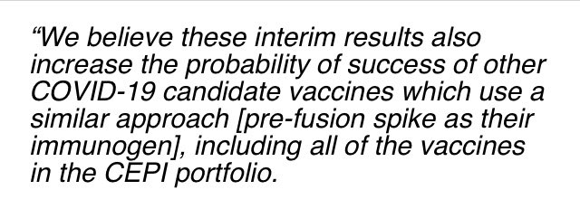 2. It is also a really promising sign for the multiple other  #Covid19 vaccines coming up behind Pfizer, as this statement from  @CEPIvaccines points out. They all target the same protein on the  #SARSCoV2 virus. Looks like it is a solid approach.