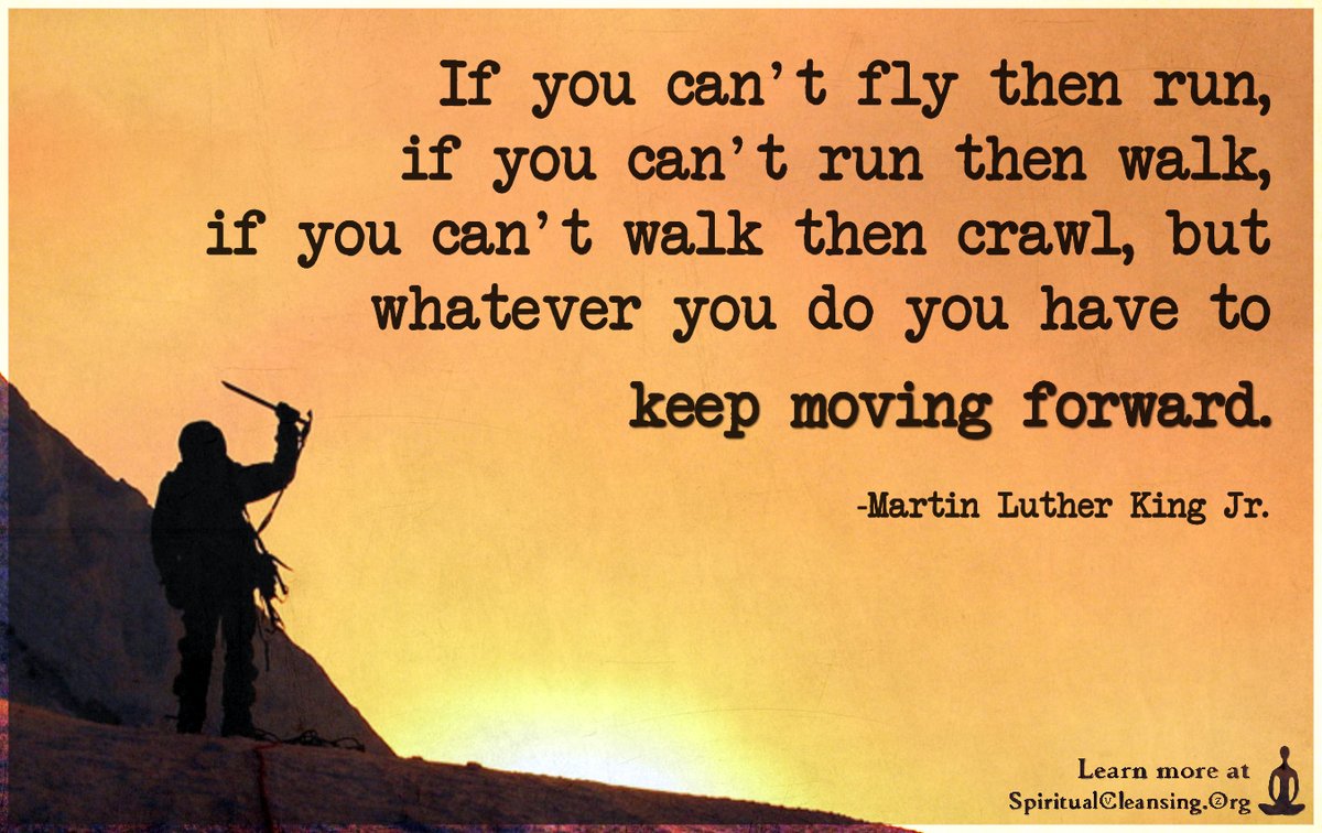 "If you can't fly then run, if you can't run then walk, if you can't walk then crawl, but whatever you do you have to keep moving forward."  ― Martin Luther King Jr.