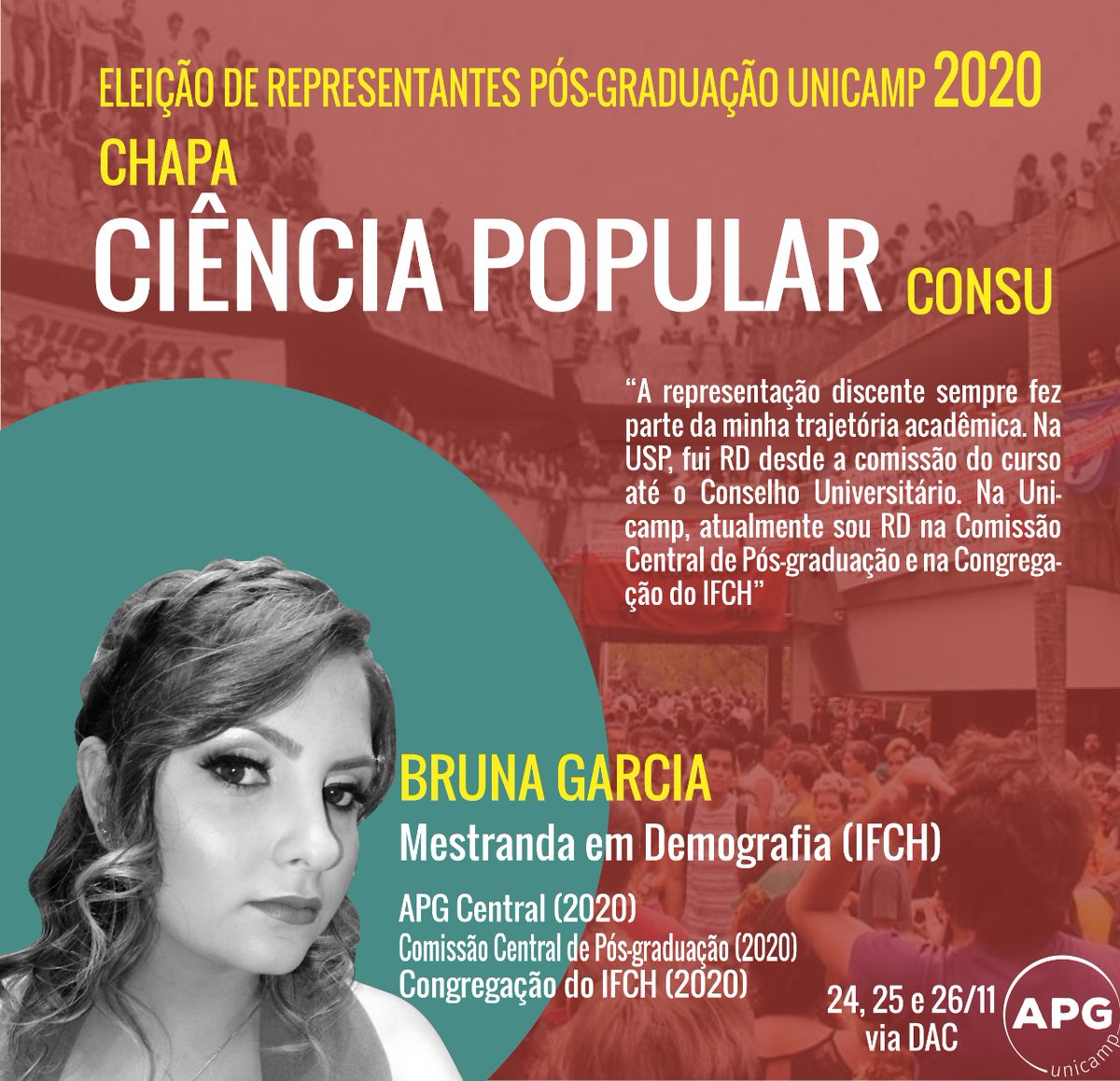 apgunicamp's tweet photo. Nos dias 24, 25 e 26 de novembro teremos as eleições da representação discente da pós-graduação no CONSU (Conselho Universitário) e na CCPG (Comissão Central de Pós-Graduação)! 

Conheça as candidatas e candidatos da chapa Ciência Popular começando com a @garcia_brunac ! https://t.co/MJzcAplEF7