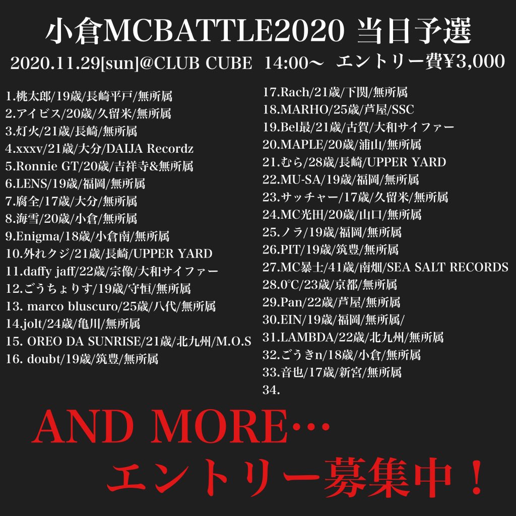 小倉mcbattle Ar Twitter 現時点での当日予選参加mc一覧です もしエントリーされてるのに名前の無い方がいたら連絡下さい 17歳 41歳 全国各地からのラッパーの皆さんのエントリー集まってます 優勝者は18 00からの本選に出場して頂きます まだまだエントリー 小倉mcbattle Ar Twitter 現時点での当日予選参加mc一覧です もしエントリーされてるのに名前の無い方がいたら連絡下さい 17歳 41歳 全国各地からのラッパーの皆さんのエントリー集まってます 優勝者は18 00からの本選に出場して頂きます まだまだエントリー