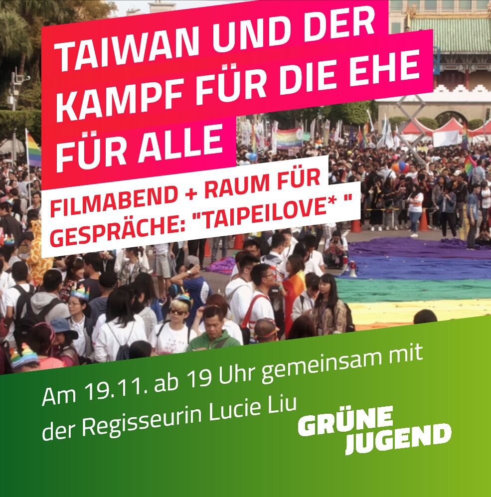 Liebe Menschen, 
am 19.11., um 19 Uhr, schauen und diskutieren wir gemeinsam mit der Regisseurin @luluandtheworld die Doku Taipeilove*. Es geht um die LGBTIQ*-Community in Taiwan und den Kampf um die Ehe für alle. Schreibt uns für den Zoom-Link, 
wir freuen uns auf euch 🏳️‍🌈