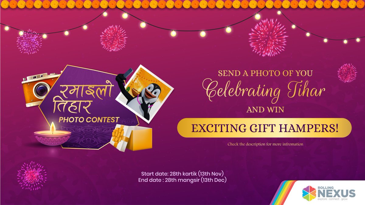 rollingnexus's tweet photo. Rolling Nexus presents रमाइलो  तिहार Photo Contest 

Send a photo of you Celebrating Tihar and Get a chance to win an exciting gift hamper from Rolling Nexus. 

#RollingNexus
#RollingEvent
#रमाइलो_तिहार
#ExploreConnectGrow
#NetworkofNewPossibilities https://t.co/QWCeqPaD0l