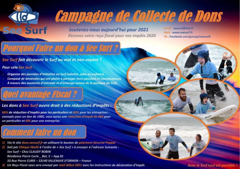 SeeSurf33's tweet image. 🌊 Afin de préparer les journées #SeeSurf 2021, l’association lance sa quatrième campagne de collecte de dons 🏄🏻 Notre ambition ? Continuer de promouvoir la pratique du #handisurf et faire découvrir le #surf aux personnes en situation de #handicap ➡️ à dérouler !