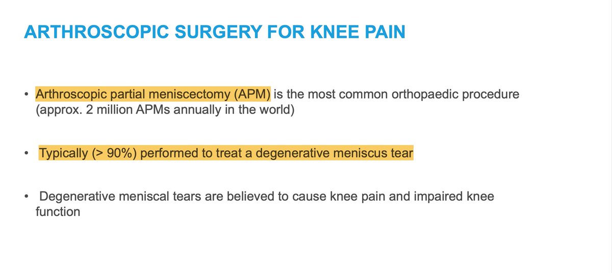 In this talk, I tried to highlight that (arthroscopic) partial meniscectomy has evolved from a procedure that was carried out for young (athletes) who have a clear trauma (e.g., this 18-yr old football star who twisted his knee) to the most common orthopaedic surgery (> 2M/yr).