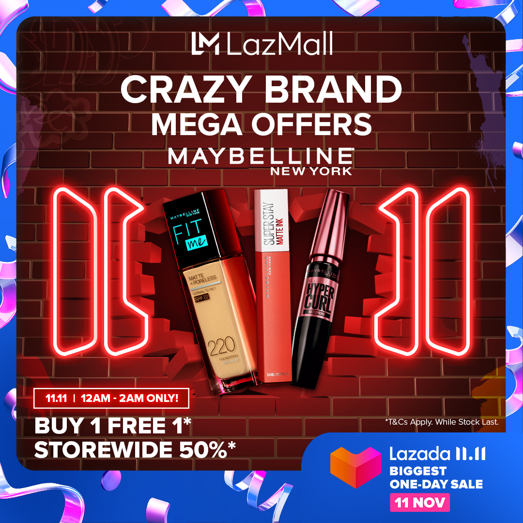 Step up your makeup game with Maybelline's Crazy Brand Mega Offer BUY 1 FREE 1 + RM38 voucher, only from 12am-2am, 11 Nov, #LazadaBiggestOneDaySale!
πAdd to cart here: https://t.co/o0fjKiXGTg https://t.co/GBP3Zldd4x