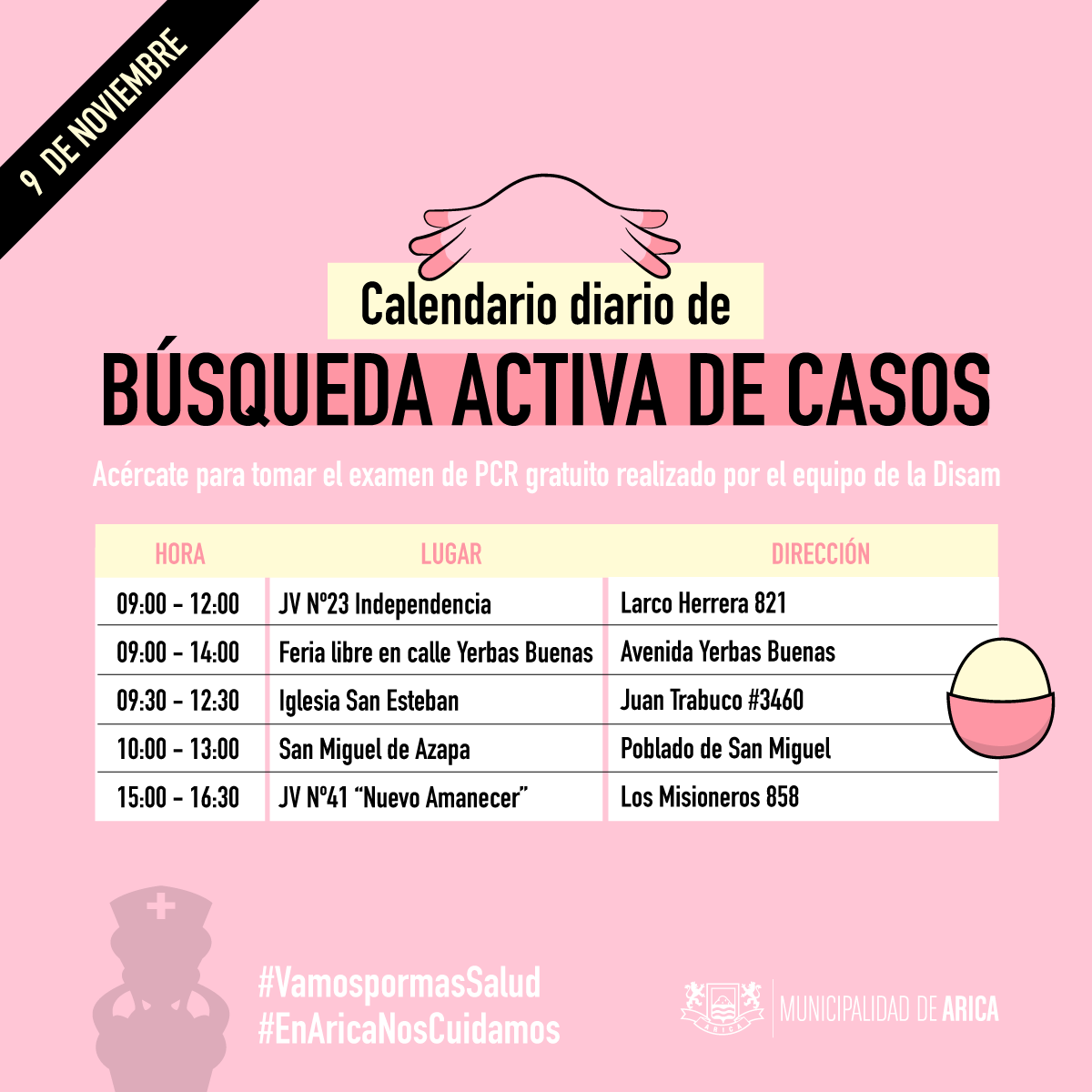 MuniArica's tweet photo. CALENDARIO BAC 🩺 | Estos lugares visitará la #DISAM hoy, lunes 9 de noviembre, para tomar el examen de PCR gratuitamente en diferentes sectores de #Arica. https://t.co/zVofRjbXv5