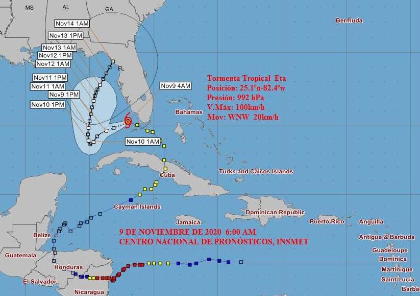 radio_cubana's tweet photo. En las próximas horas #Eta inclinará su rumbo hacia el oestesuroeste en la mañana y al suroeste desde la tarde, internándose más en el golfo de México. Durante este desplazamiento, puede ganar gradualmente en organización e intensidad...#PreparadosYAlertas #Cuba https://t.co/xZyBSkJdpa