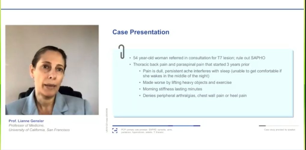 The pathway to  #axSpA diagnosis is challenging. Next:  @LianneGensler with a case: 54 y/o woman, referred for SAPHO evaluation with a T7 lesion on spine MRI. By history, doesn't quite sound like she has IBP. But how much does this matter in this clinical context?  #ACR20
