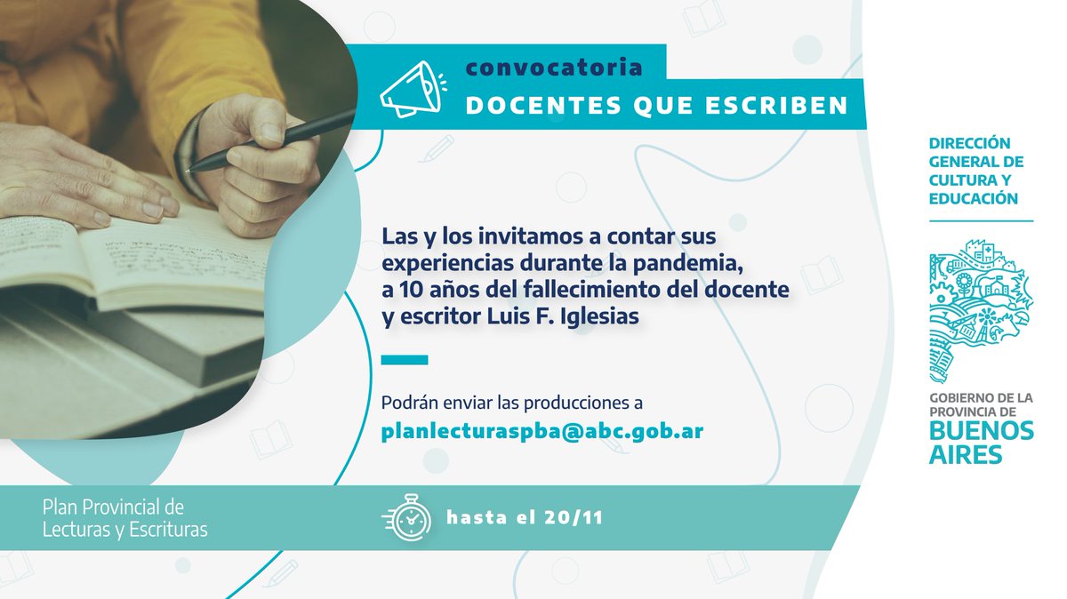 BAeducacion's tweet photo. Desde el Plan Provincial de Lecturas y Escrituras las y los invitamos a participar de #DocentesQueEscriben ✍️ A narrar y reflexionar sobre sus experiencias durante este tiempo. 

Más info e inscripción 👉 https://t.co/BLQatkL7AN https://t.co/ROQw8wlJom