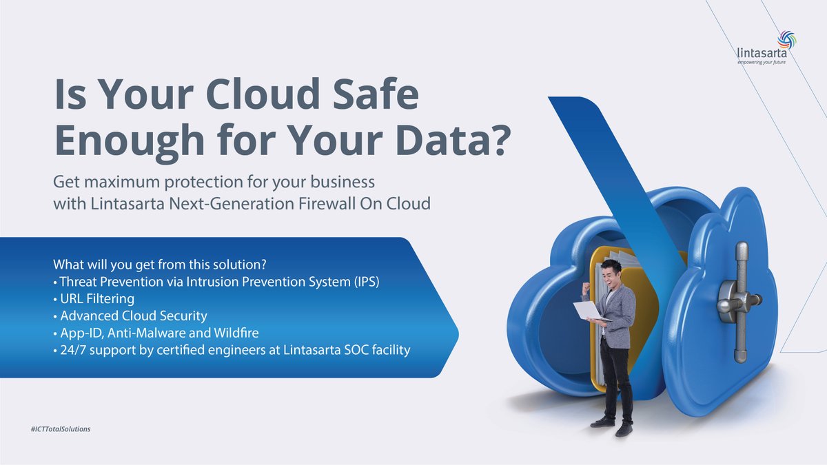 Lintasarta's tweet photo. Lindungi keamanan Cloud Anda dengan Lintasarta Next-Generation Firewall on Cloud sekarang juga!
Untuk selengkapnya, langsung klik tautan ini: https://t.co/FWSGP5psrr
#Lintasarta #EmpoweringYourFuture #ICTSolution #ICTTotalSolutions #Cloud #Firewall #Antivirus #CyberSecurity https://t.co/HhIgubgtbQ