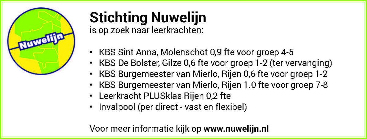Op dit moment zijn er diverse vacatures.
Zit er iets voor jou bij?
Meer info op nuwelijn.nl