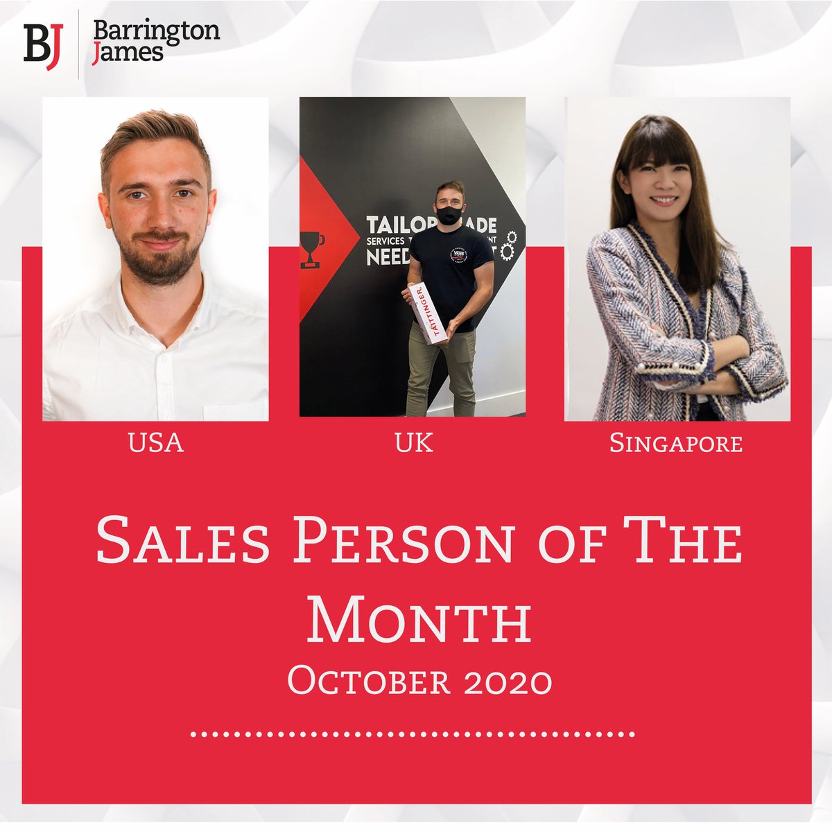 BarringtonJames's tweet photo. SALES PERSON OF THE MONTH 🏆
•
•
Well done to Jack 🇺🇸, Ryan 🇬🇧 and Joey 🇸🇬on winning the sales person of the month for October 👏🏼
•
•
#lifeatbj #barringtonjames #lifesciences #recruitment #spotm #salespersonofthemonth #workhard #winners #mondaymotivation https://t.co/7E6bQgpg1J