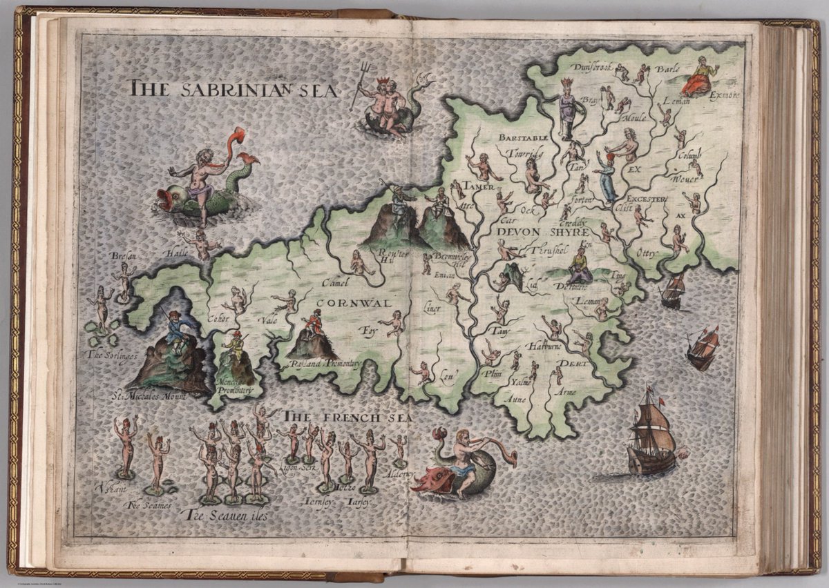 A map of Cornwall and Devon with places and rivers represented anthropomorphically, drawn by William Hole and used to illustrate Michael Drayton's Poly-Olbion, from a copy dated 1622:  https://www.davidrumsey.com/luna/servlet/detail/RUMSEY~8~1~285604~90058157#