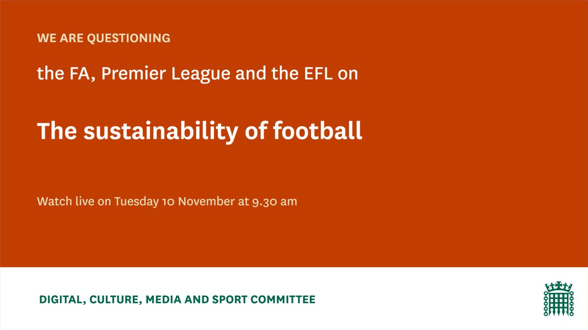 CommonsCMS's tweet photo. On Tuesday we’ll question @FA chair Greg Clarke @EFL chair Rick Parry and @premierleague chief exec Richard Masters on the sustainability of football for our inquiry into Sport in our communities. 

Watch live from 9.30 am: https://t.co/b5d5MK6rEK
@julianknight15 https://t.co/7snPf5xZXn