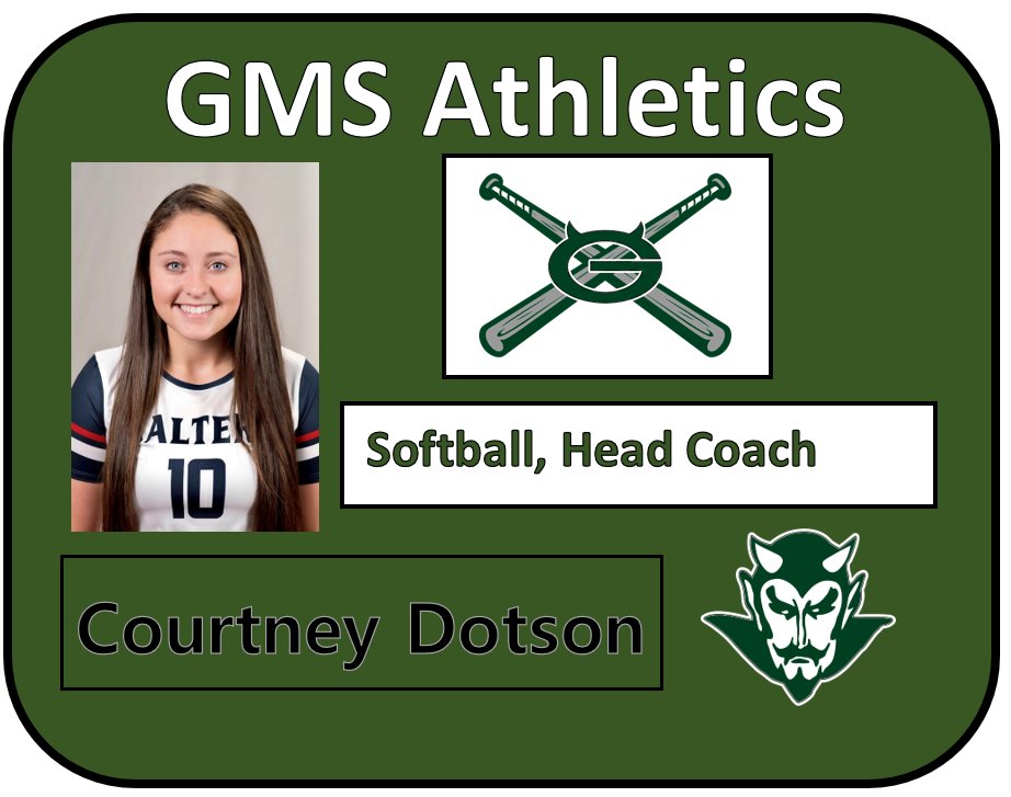jeremy_simerly's tweet photo. GMS Athletics. Very excited to announce Courtney Dotson as the next Head Coach of GMS Softball. We are looking forward to all of the amazing things she will accomplish! Go Devils! @gms_tn @racheladamstn @CdotsonDotson @cdotson7108 https://t.co/7bEkZ6noul