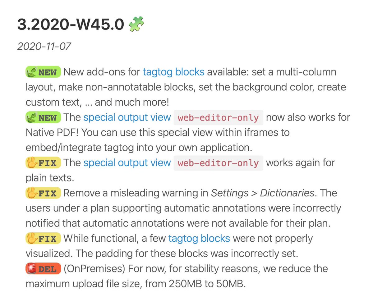 tagtog_net's tweet photo. Dear tagtog users,
 
we just released a new tagtog version, with lots of new features and fixes!

As always, we are thrilled to hear your feedback! 🥰
 
Your tagtog team 🧡

https://t.co/rrQSuWNezR 

#TextAnnotation  #NLProc  #trainingData  #labeledData #dataset  #corpus  #nlp https://t.co/gbqi7hNa3R